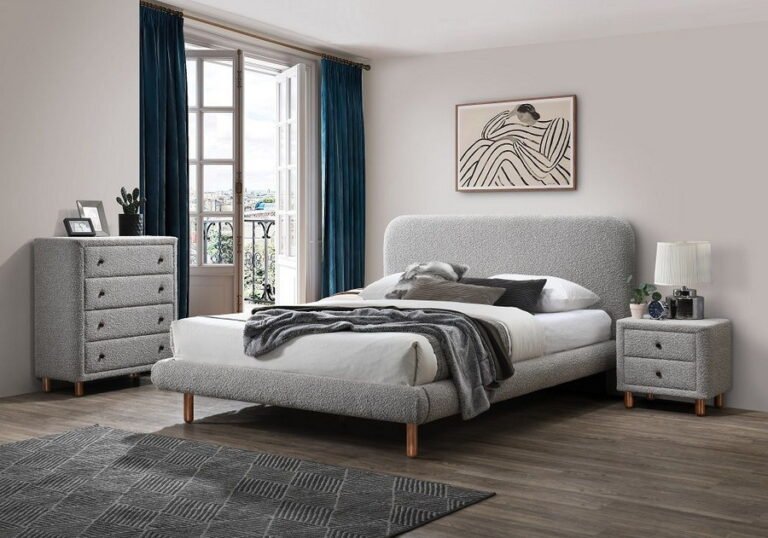 Cleo Bed in Gray Bouclé – Upholstered Platform Bed Frame