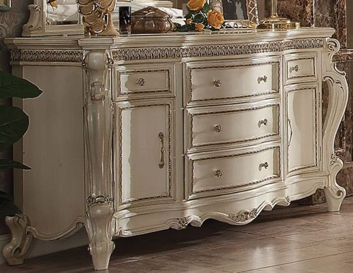 Picardy Vanity Desk – Antique Pearl Finish with Hand-Carved Details